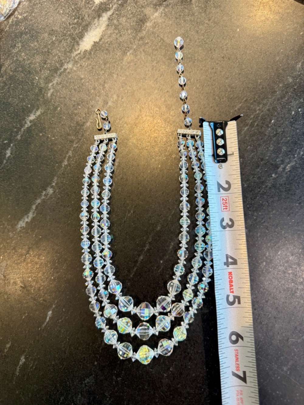 Vintage (50’s) Laguna 3 Strand Crystal AB Beaded Necklace/Rhinestone Hook Clasp - Picture 5 of 7